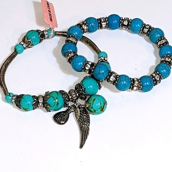 Turquoise & Silver Stretchy Bracelets NWT - Picture 3 of 3